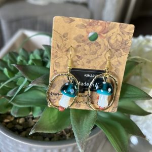 Teal mushroom earrings gold